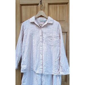 LL Bean Sz L Womens Red Striped Long Sleeve Cotton Flannel Pajama Set Retired